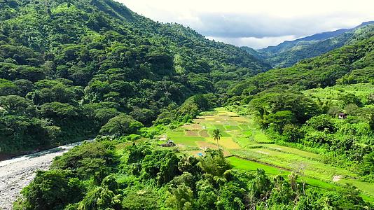 山脉和美丽的山谷有稻田河边的水稻梯田视频的预览图