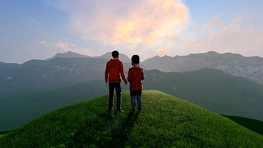 男孩和女孩在山峰上看日落视频的预览图