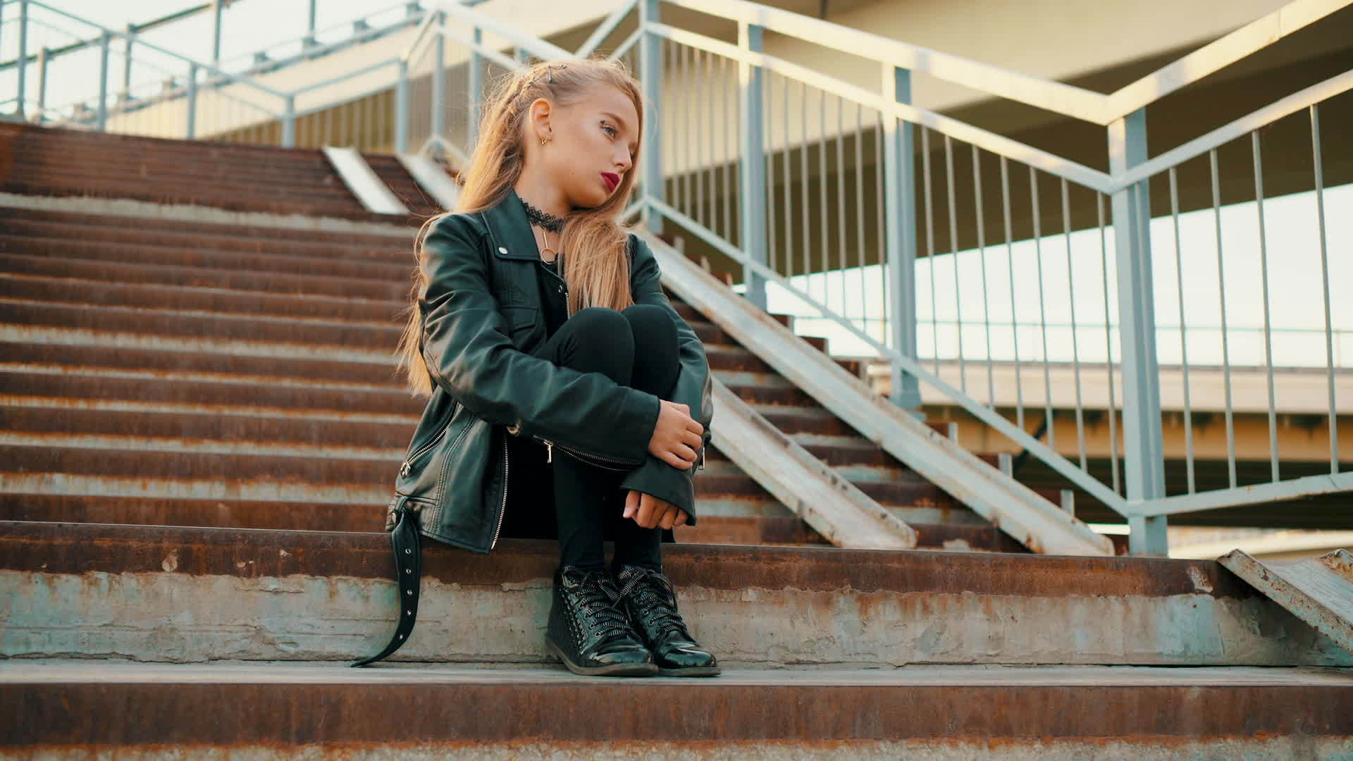 一个穿着黑色皮夹克的年轻摇滚女孩坐在楼梯上视频的预览图