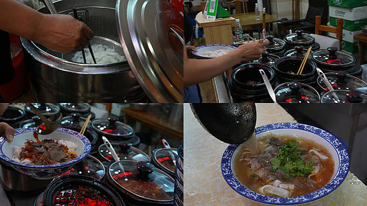 湖南凤凰古城特色中式美食牛肉米线制作过程4k素材视频的预览图