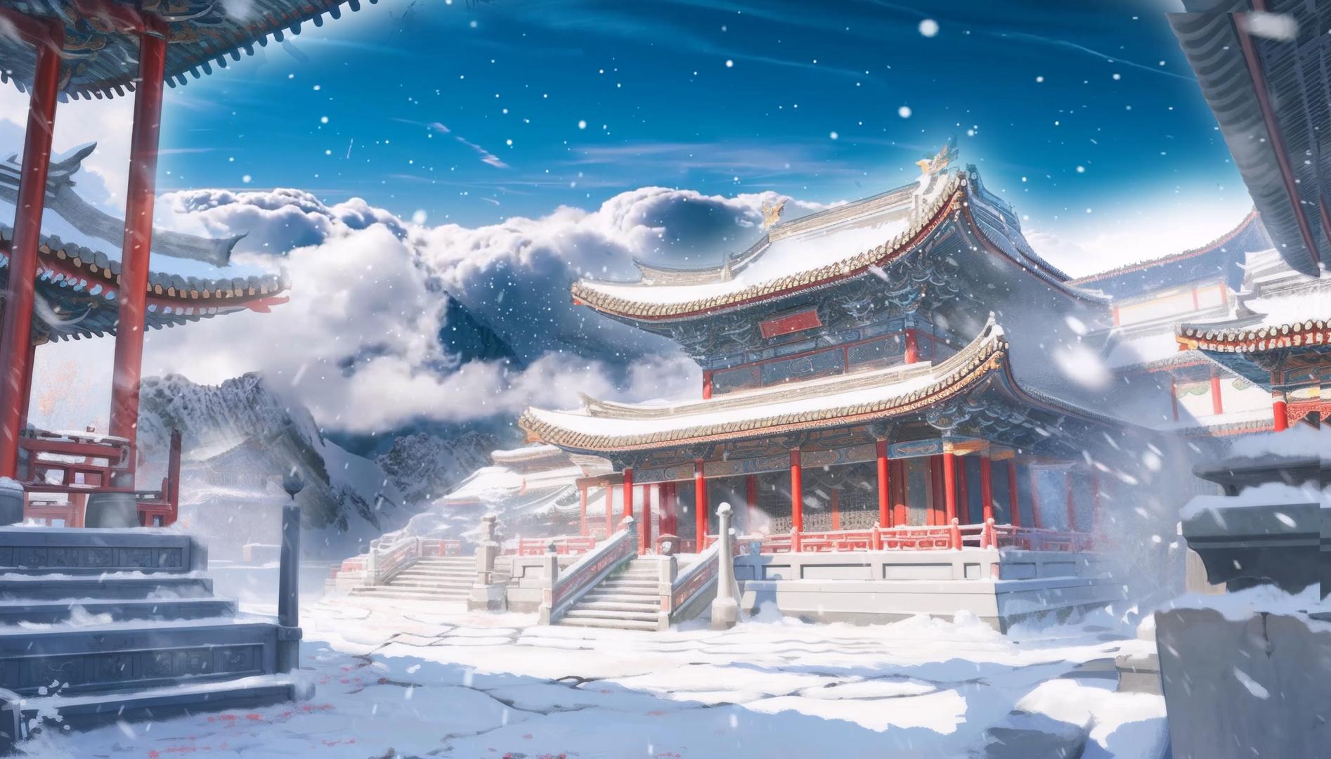 漫画古建筑背景视频风雪美丽视频的预览图