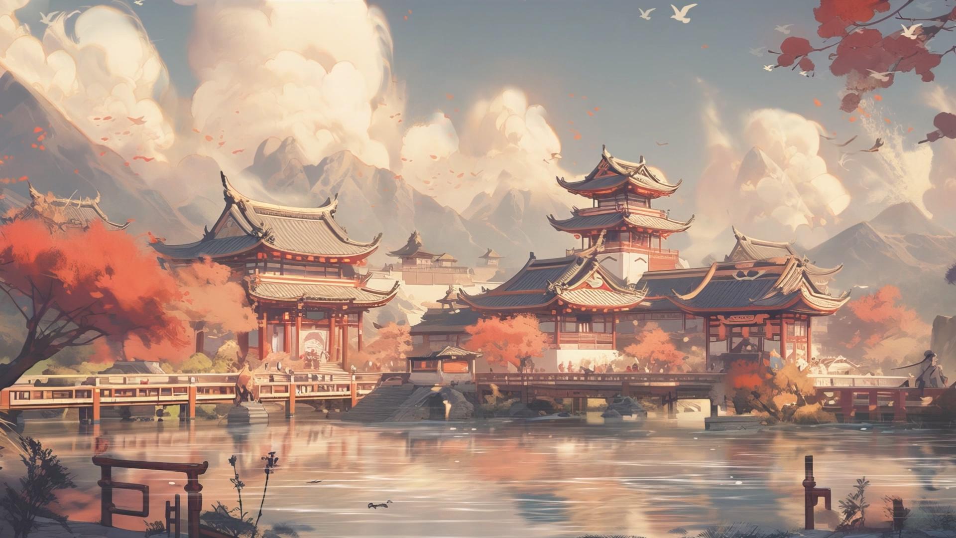 中国风湖古建筑美丽的卡通风景视频的预览图