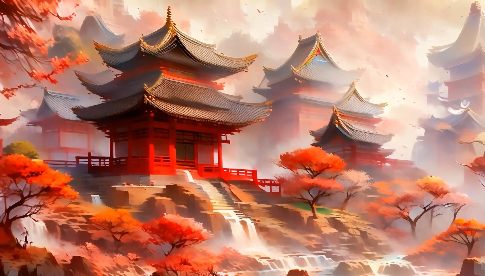 中国风秋天满山红叶古建筑背景视频视频的预览图