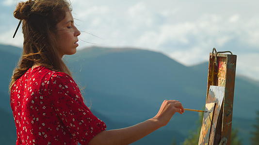 夏天冥想画家在山区画画视频的预览图