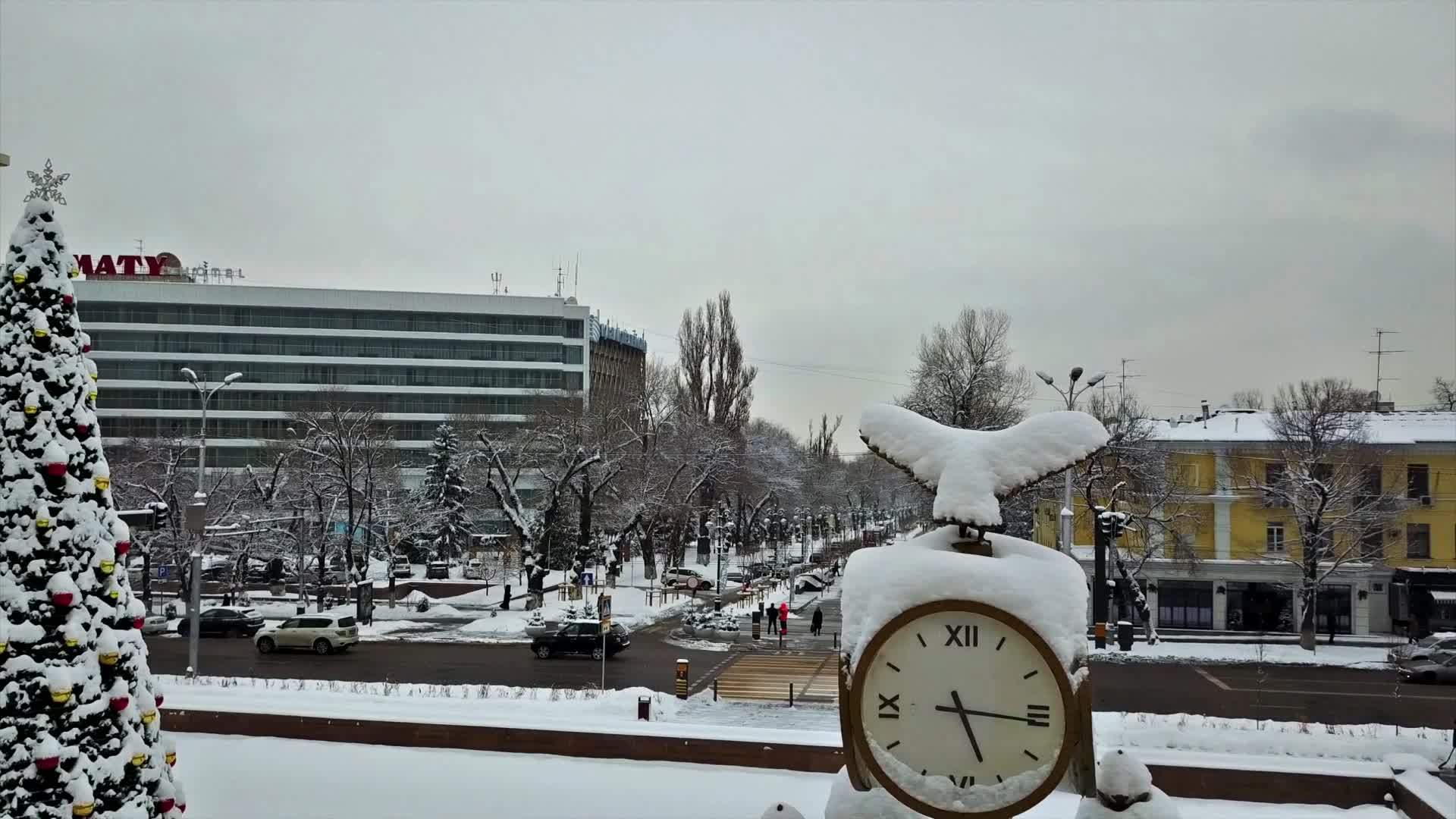冬天的城市和雪中的圣诞树视频的预览图