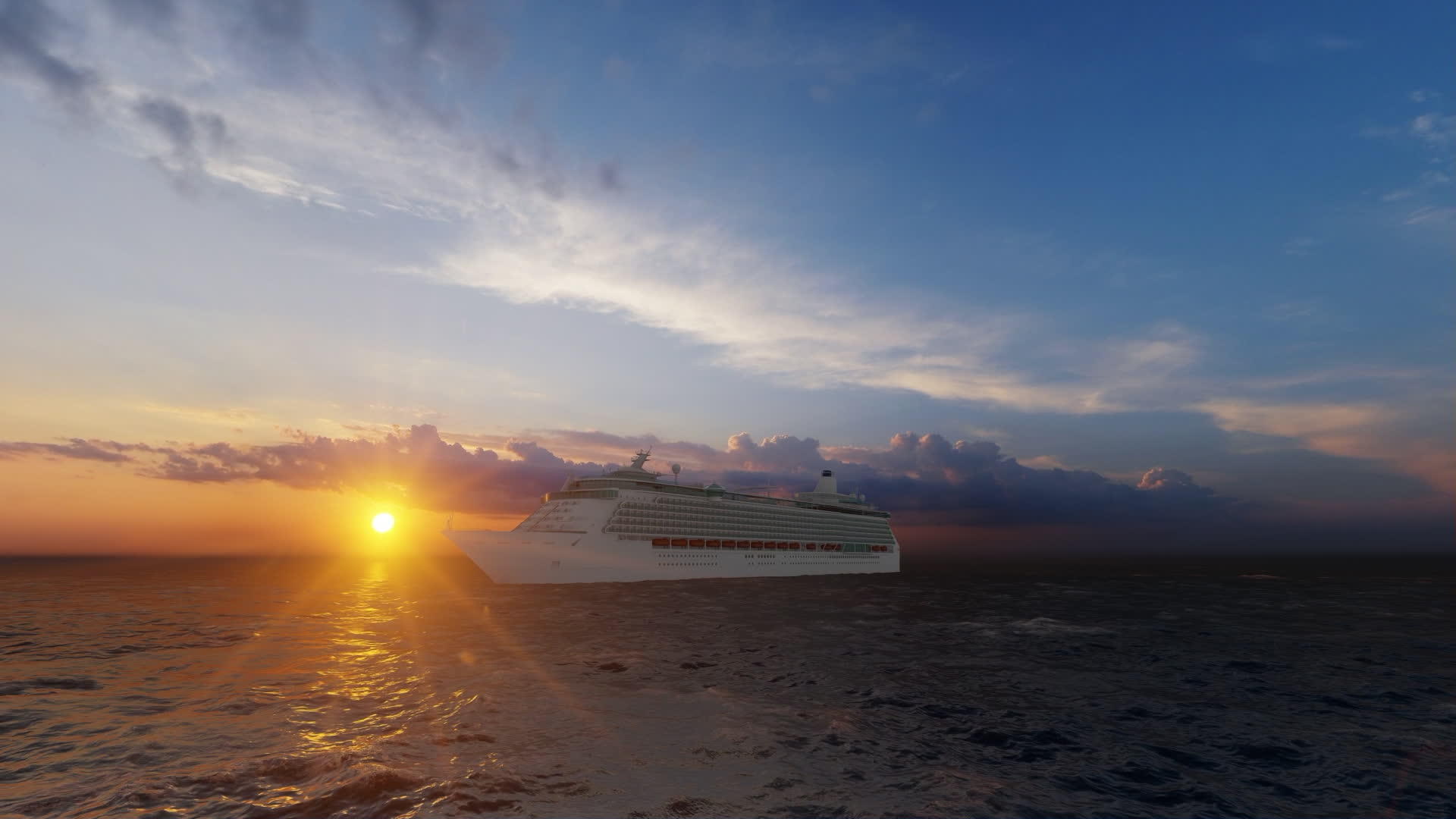 在美丽的日落前在空中观察巡航船视频的预览图