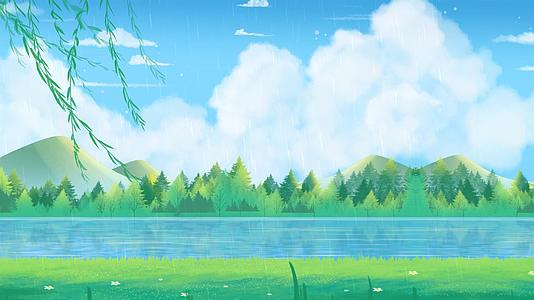 卡通柳树河流森林草原白云立春雨水背景视频的预览图
