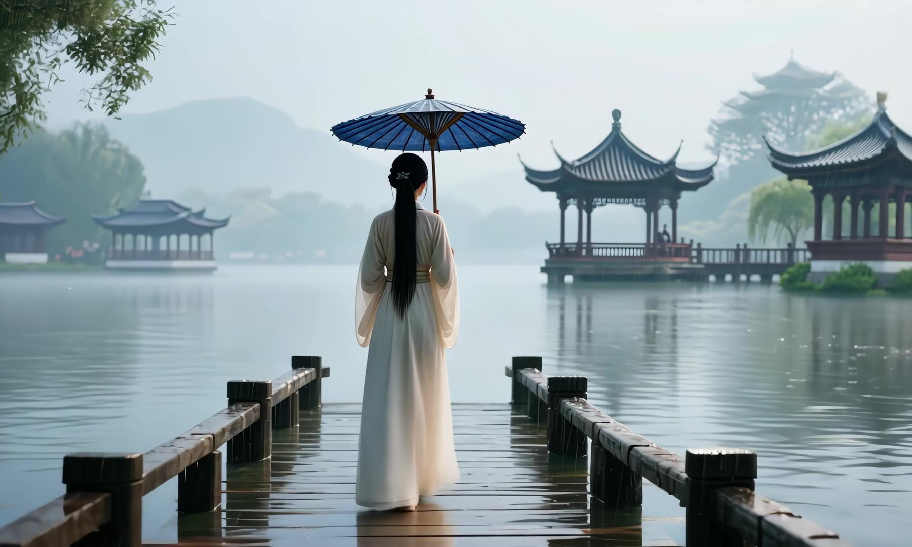 4k美女撑着伞在西湖边看风景视频的预览图