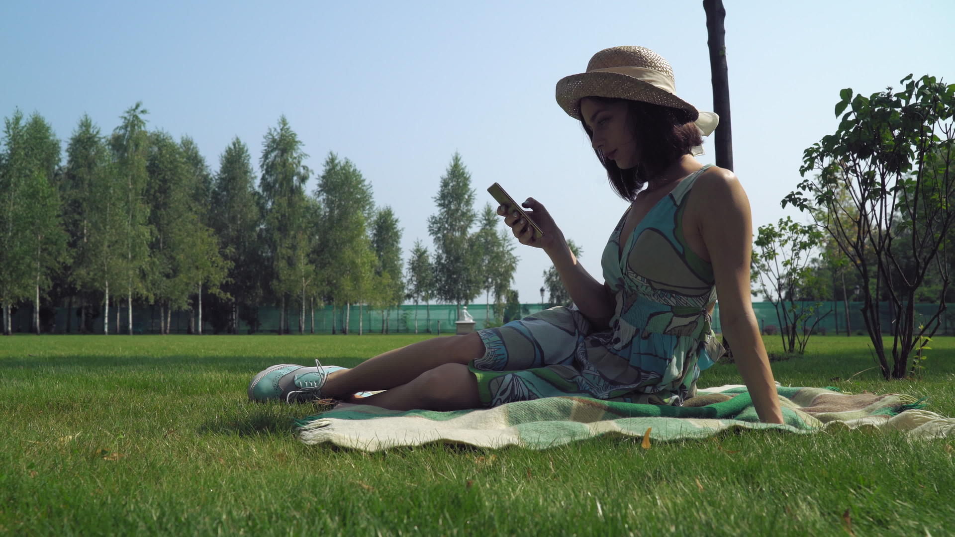 黑发女孩坐在公园的毯子上在电话里收到一条信息视频的预览图