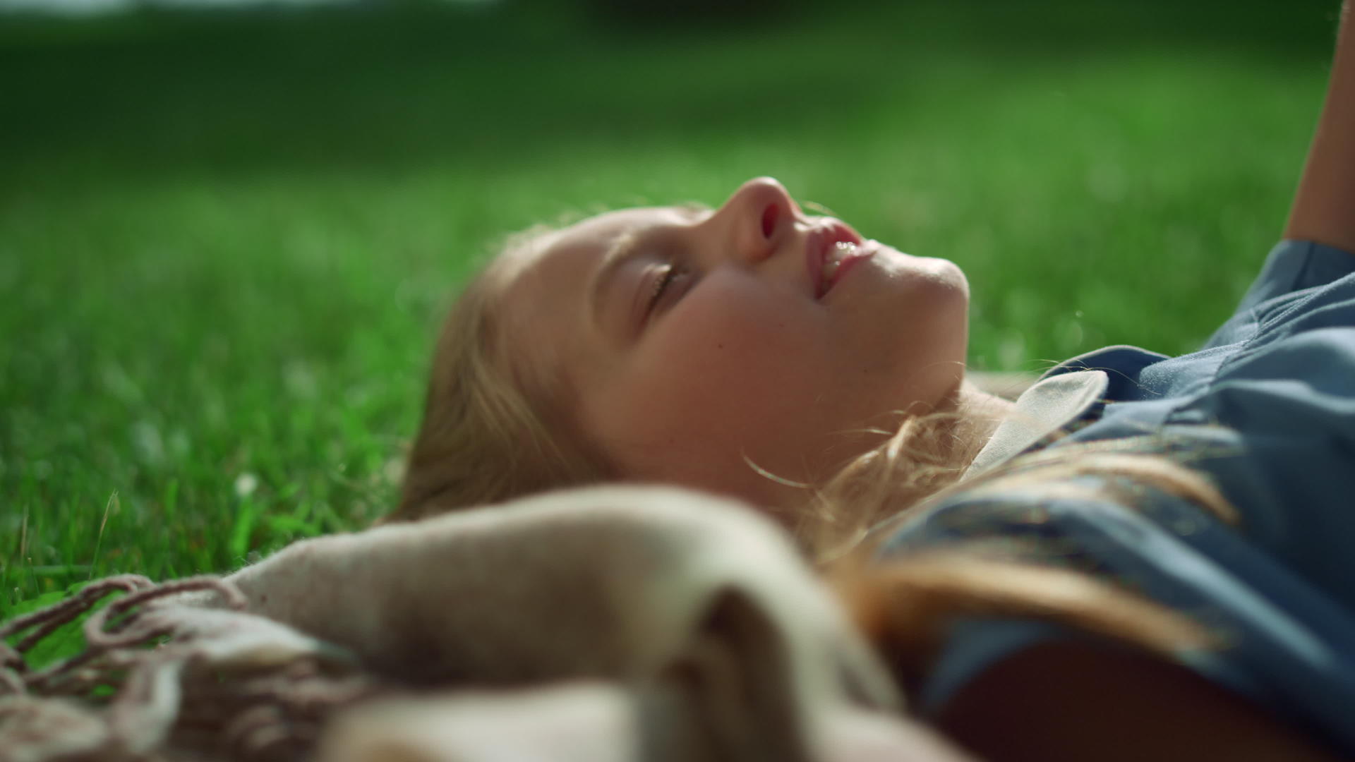金发女孩微笑着躺在毯子上手牵手靠近绿色的田野视频的预览图