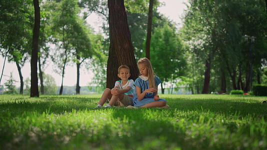 微笑的兄弟姐妹们在树下的草地上玩耍视频的预览图