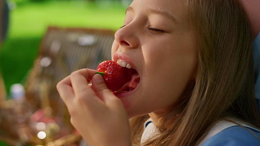 美丽的女孩在夏天野餐时吃草莓视频的预览图
