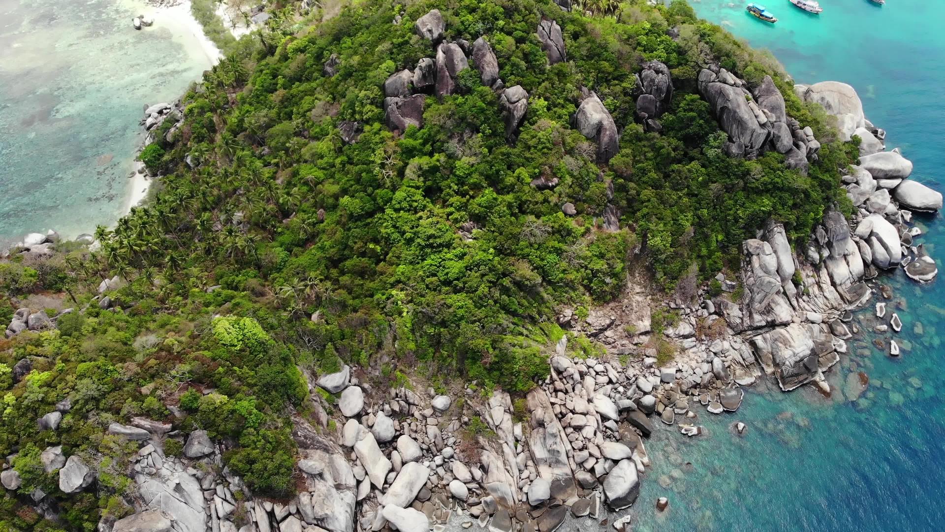 泰国阳光明媚的日子里热带海滩上的平房和绿色椰子树视频的预览图