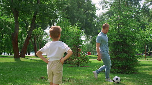 在绿色草坪上父亲和儿子踢足球视频的预览图