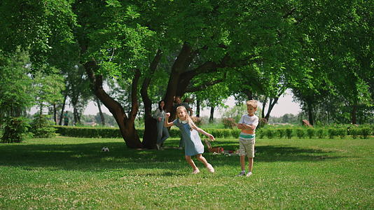 活跃的女孩在绿草上围着男孩跑视频的预览图