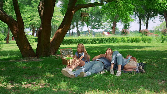 放松的家庭躺在绿草上野餐视频的预览图