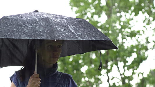 女孩在雨中的黑伞下视频的预览图