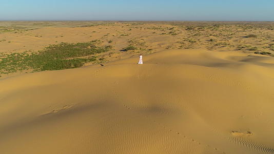 孤独的年轻女裙子和长发的孤独的年轻女子仍然呆在沙漠海滩上无人驾驶视频的预览图