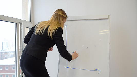 在办公室举行商务会议时年轻女性在白色翻页图上画画视频的预览图