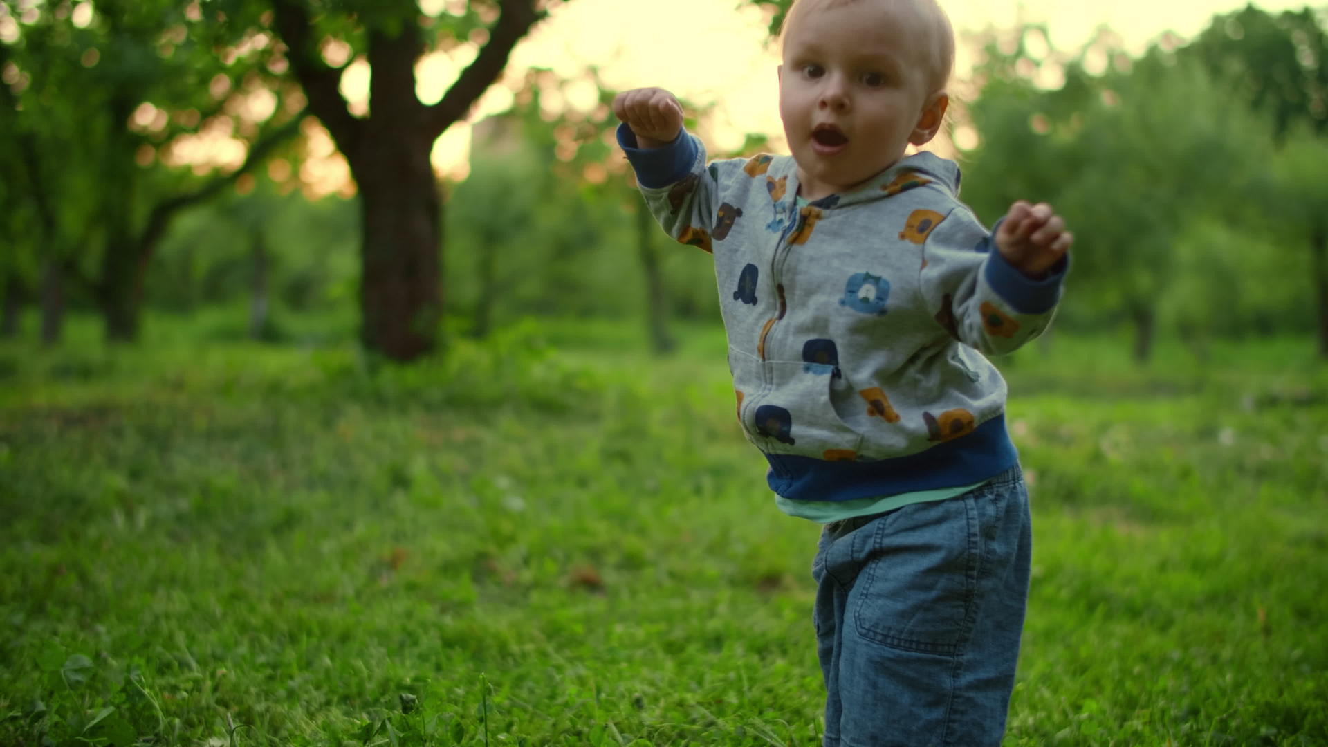 婴儿在绿色的森林里散步视频的预览图
