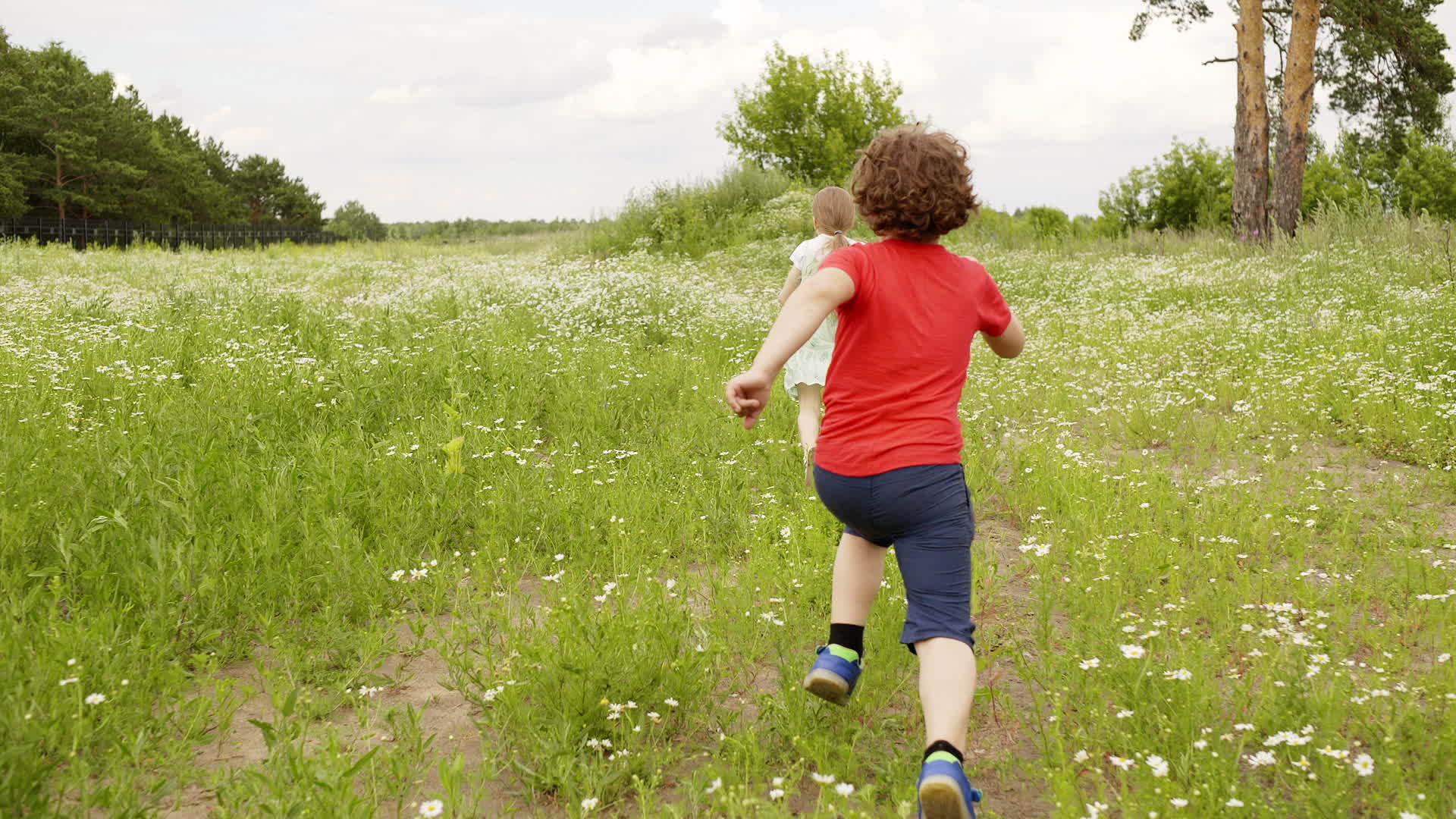 在绿地上跑向女孩的年轻男孩和孩子在户外追逐游戏视频的预览图