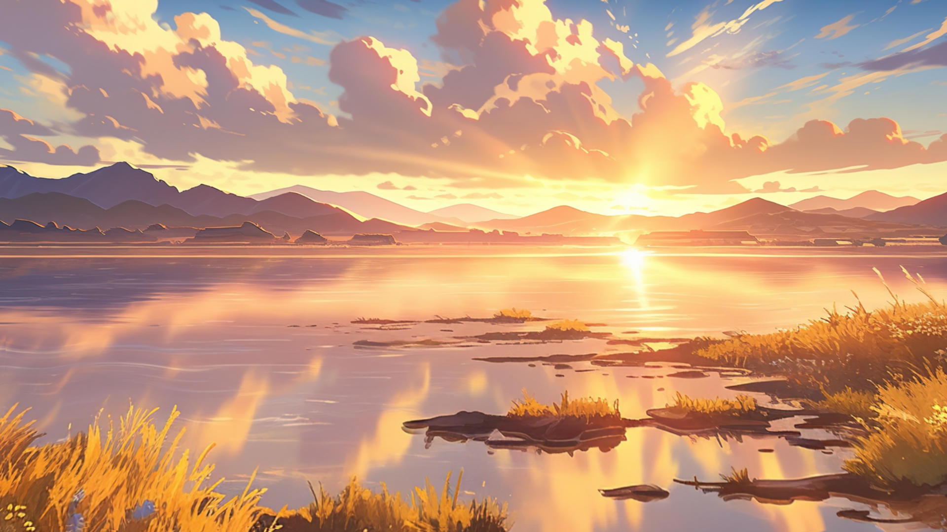 美丽的卡通夏日火烧云日落西山背景视频视频的预览图