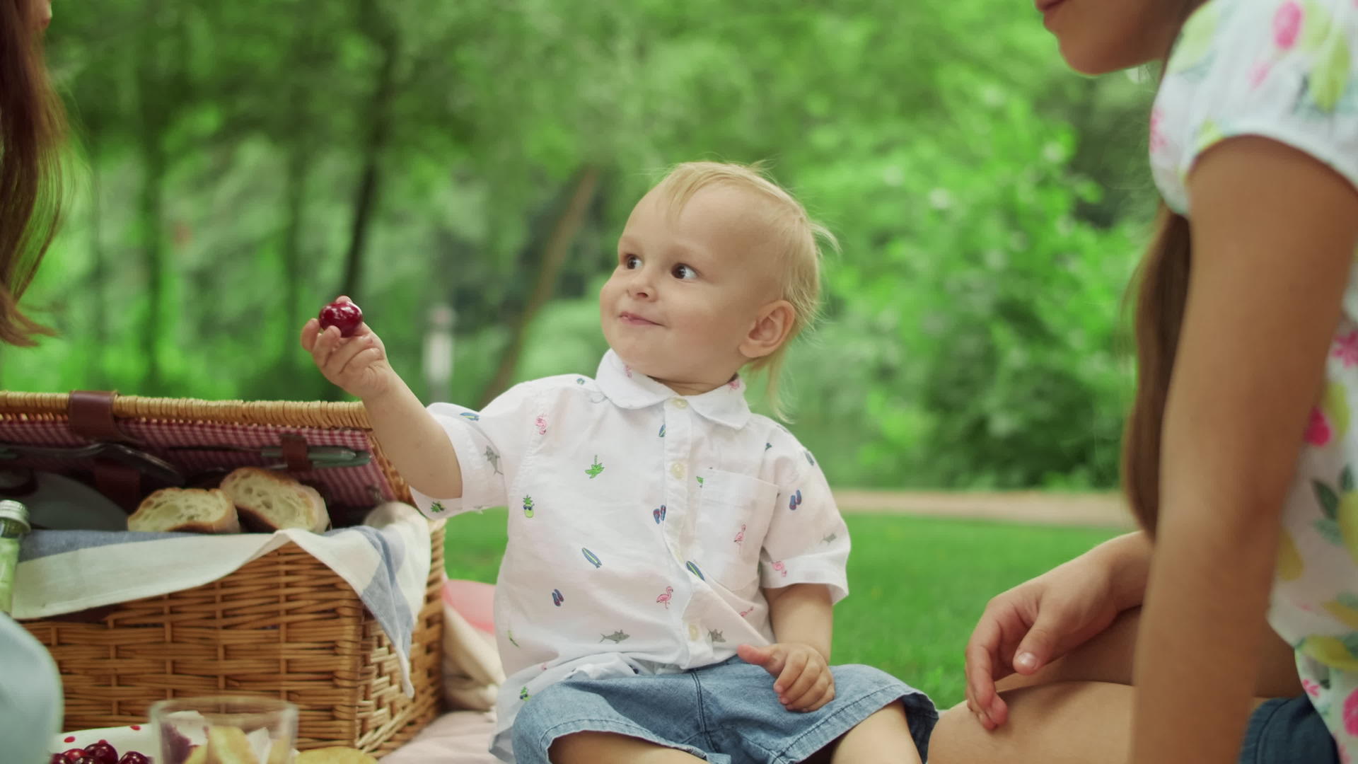 野餐时小男孩给了他妈妈樱桃视频的预览图