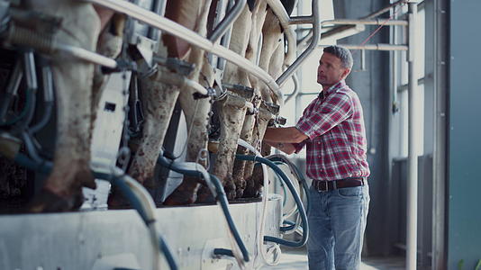 农场工人在机械设备上检查自动挤奶机视频的预览图