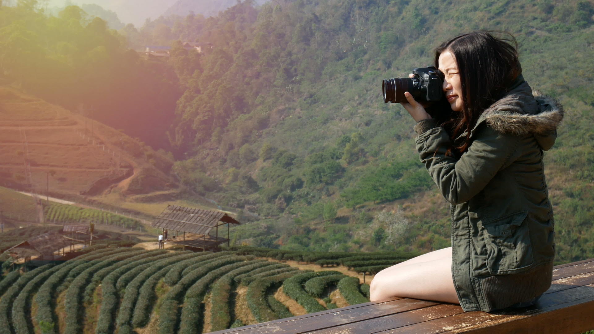 日出时用数码相机拍摄亚西亚茶田种植园美丽的照片视频的预览图