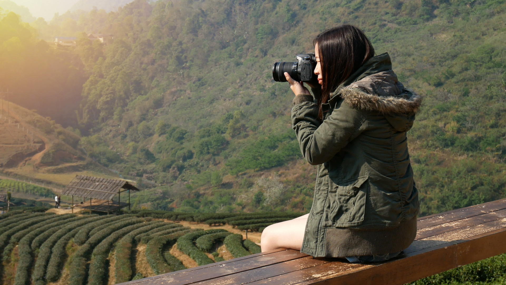 日出时用数码相机拍摄亚西亚茶田种植园美丽的照片视频的预览图