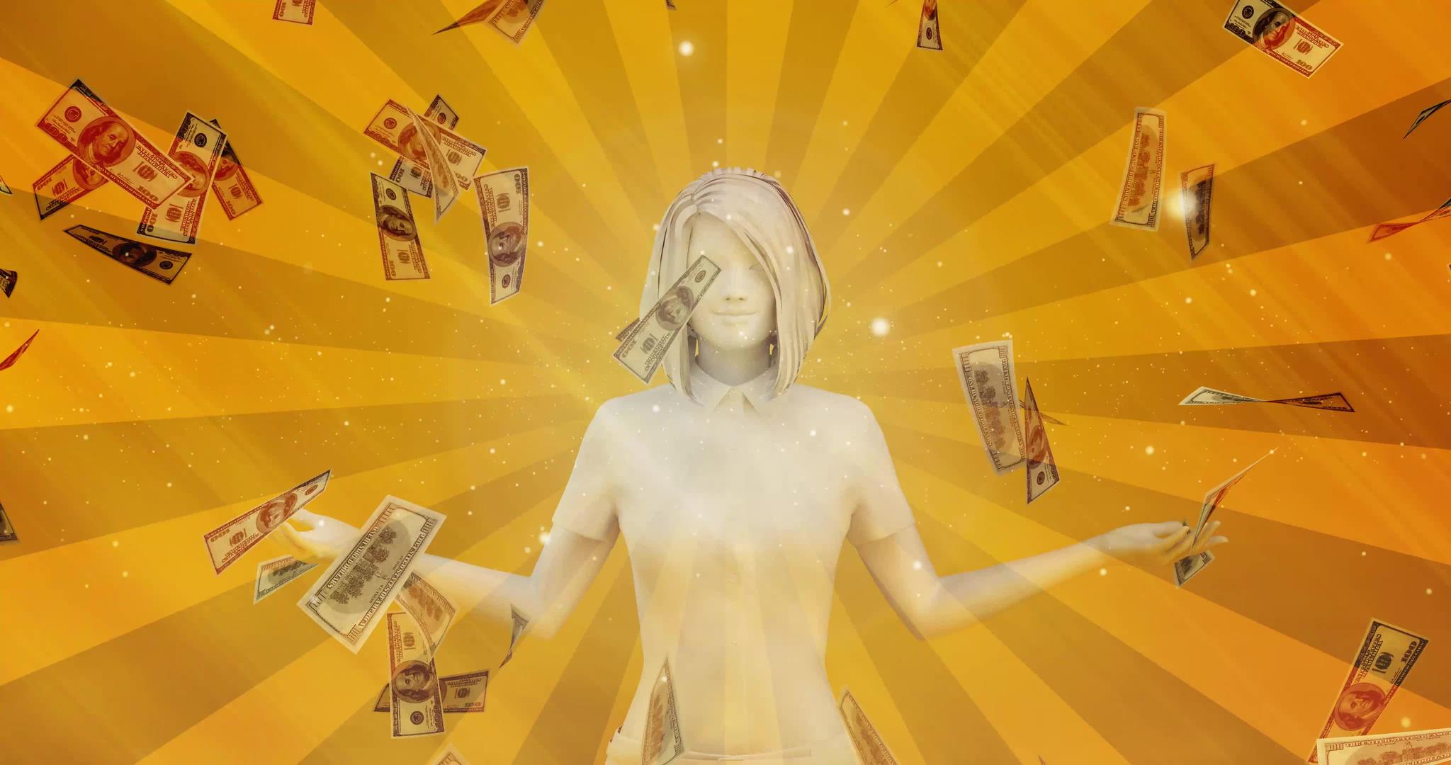 在一滴现金和金钱的雨中快乐的女商人视频的预览图