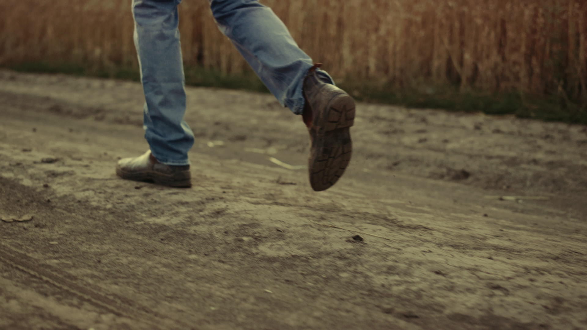男性农民腿穿着鞋子穿过农田乡村道路视频的预览图