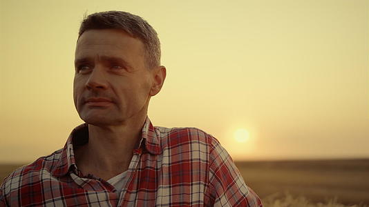 幸福的农夫站在金色的日落里在麦田里视频的预览图