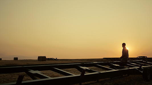 农民剪影站在金色夕阳下的麦田里视频的预览图