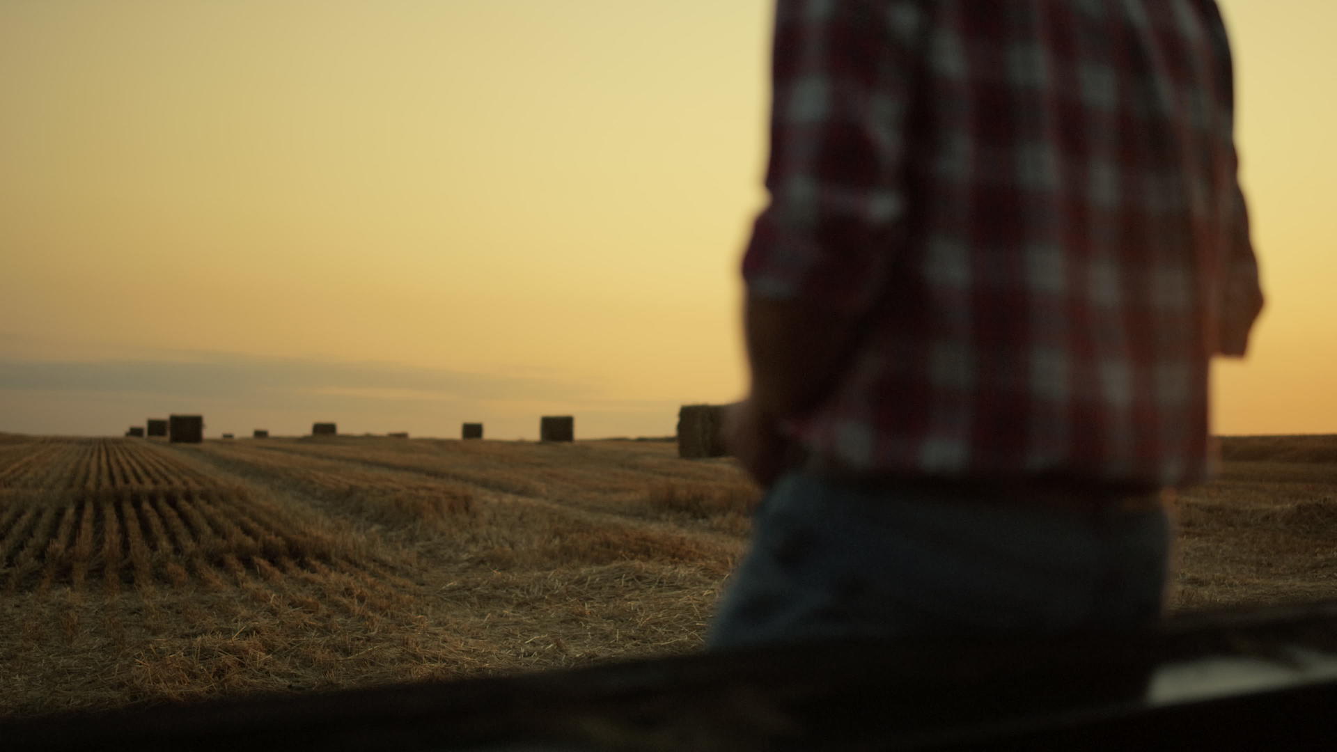 日落收割后农民们看着干草堆麦田视频的预览图