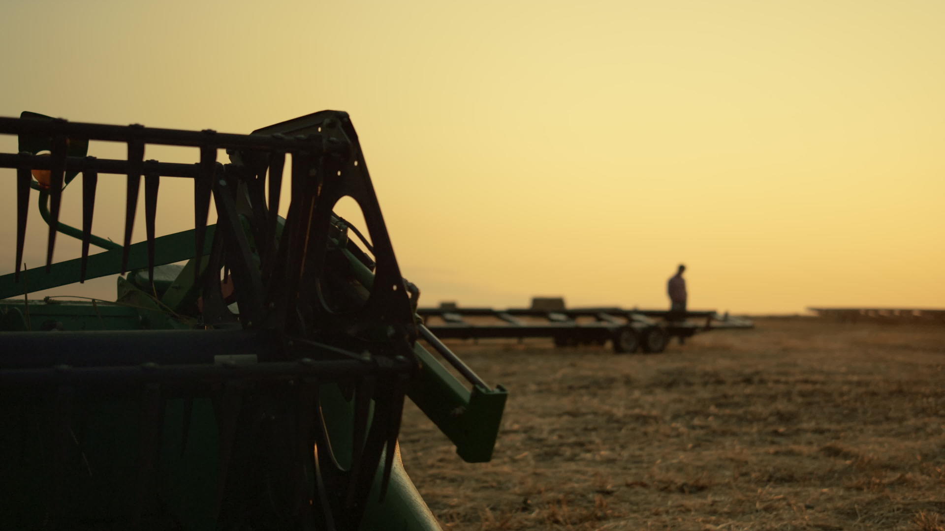 在金色的日落时间在麦田收获设备的农民剪影视频的预览图