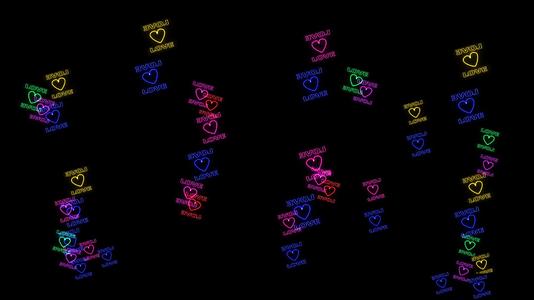 彩虹色彩多彩的爱情文字和塑造红心在黑屏上播放视频的预览图
