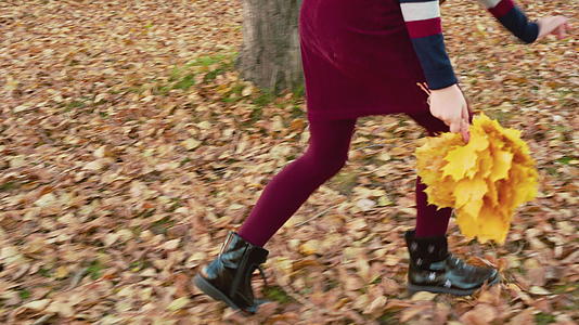 快乐的女孩从城市公园的落叶上捡起秋花YealMamele视频的预览图