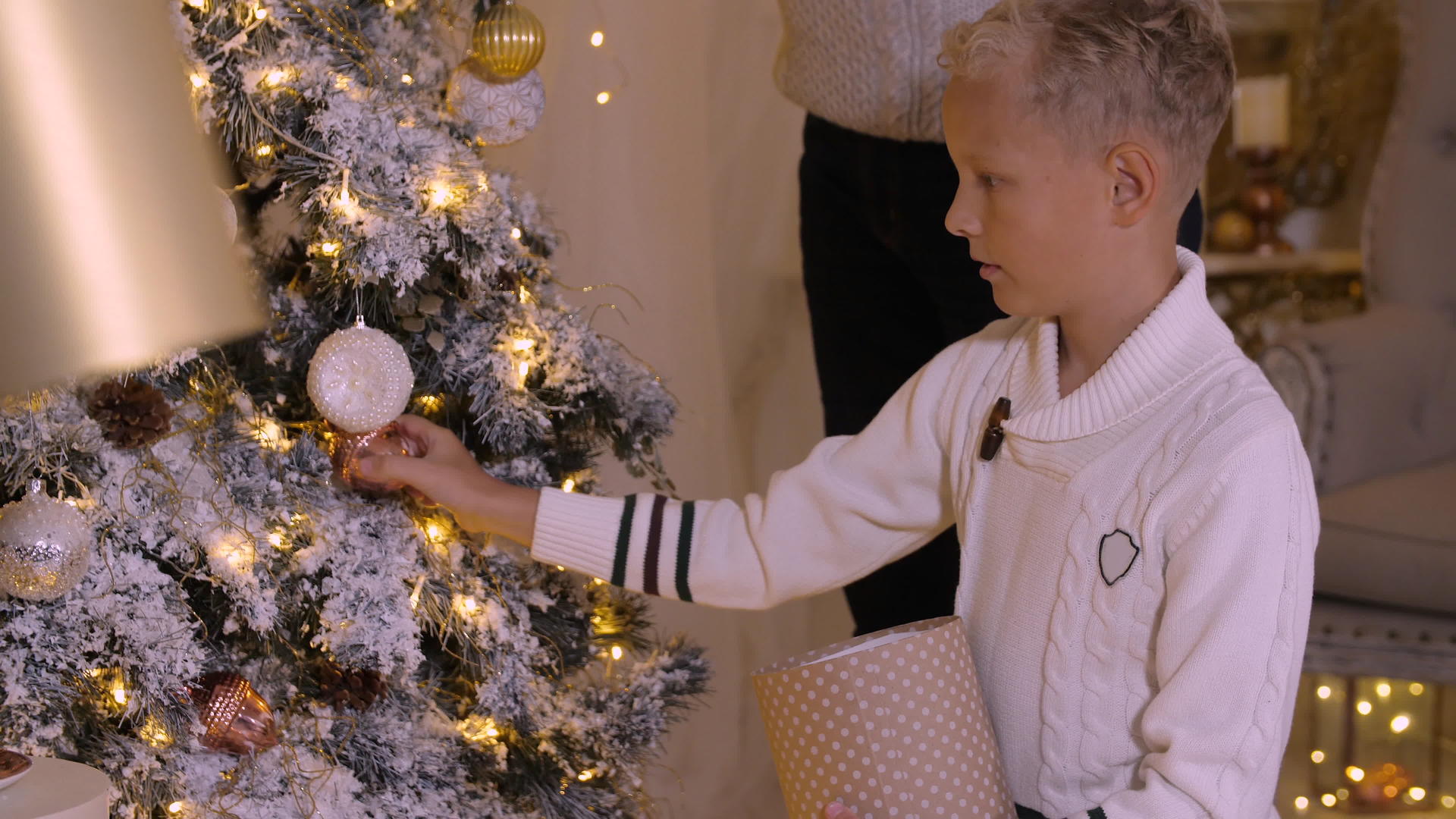 快乐的男孩在家里用玻璃玩具和花园装饰圣诞树视频的预览图