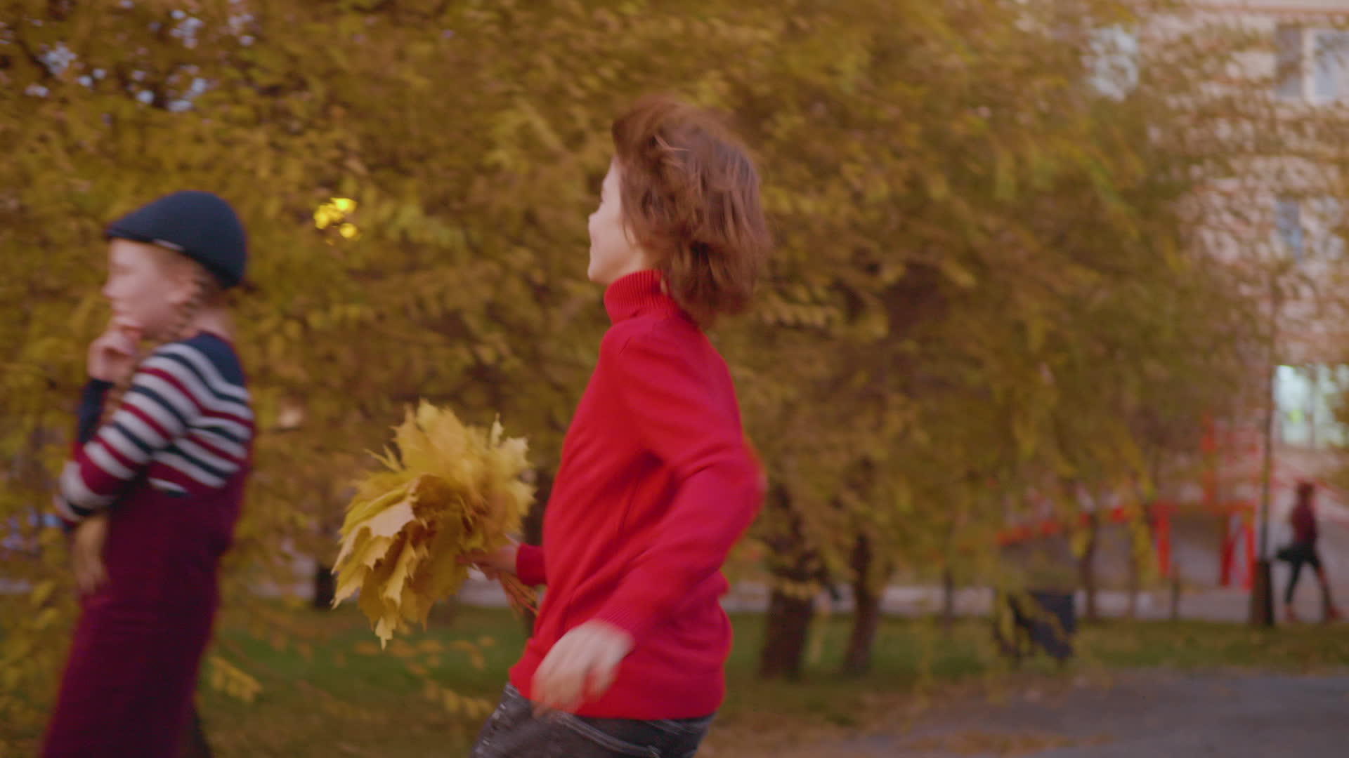快乐的年轻男孩从秋叶给公园里的年轻女孩送来了一束微笑的花束视频的预览图
