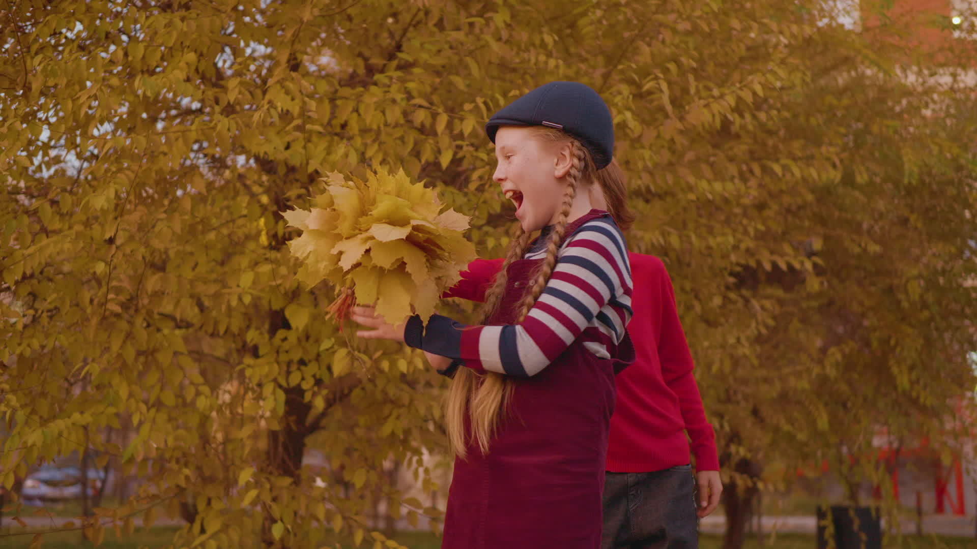 快乐的男孩向女孩展示秋天的花束视频的预览图