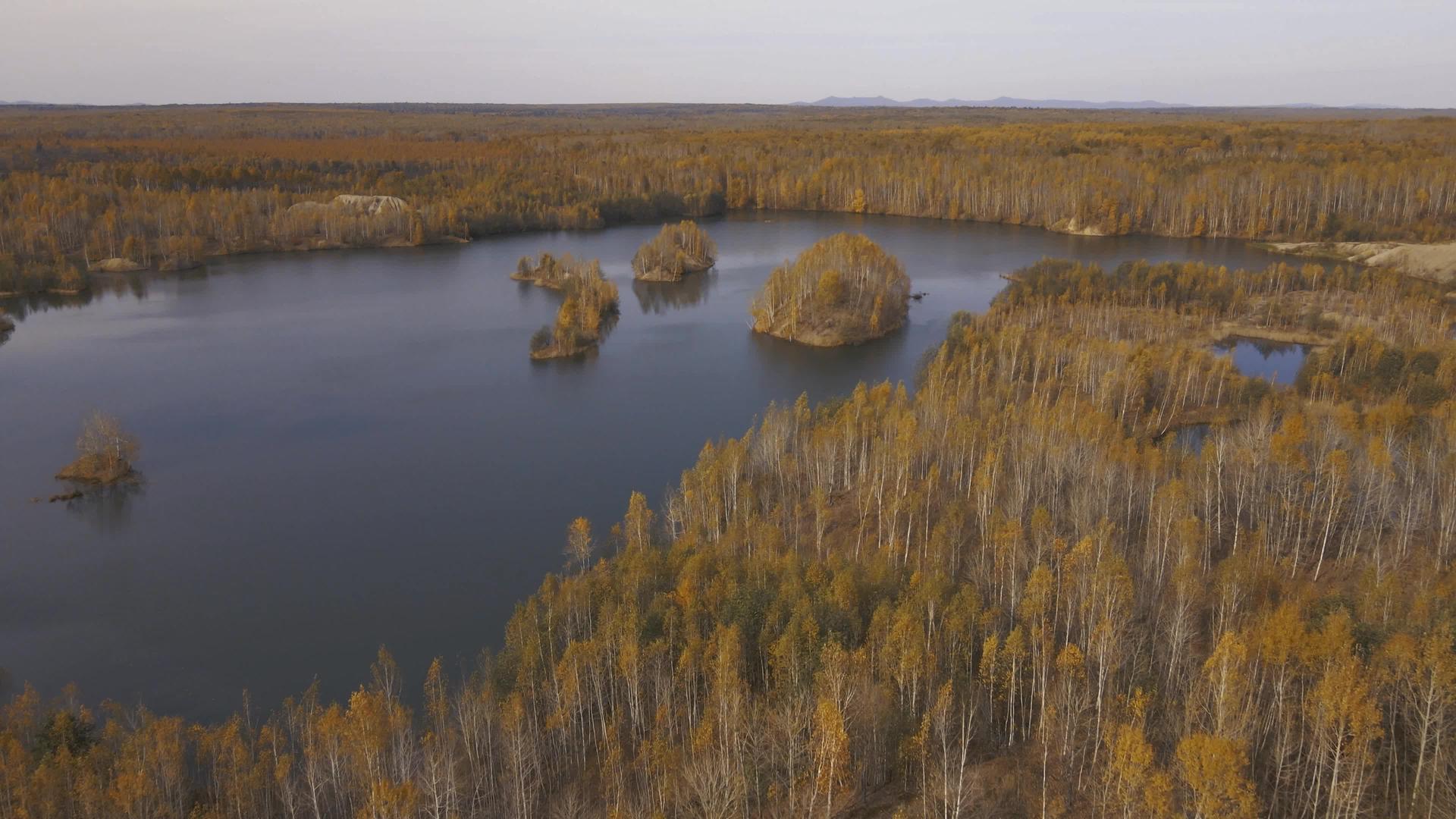 摄像机在秋天的森林周围飞过光滑的湖面视频的预览图