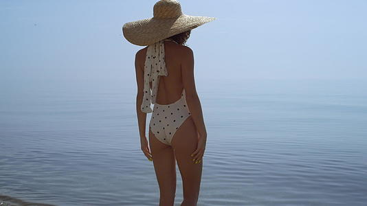 轻松的女孩站在沙滩上举手靠近宽边帽视频的预览图