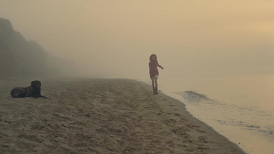 日出时激动的女人在海边奔跑视频的预览图