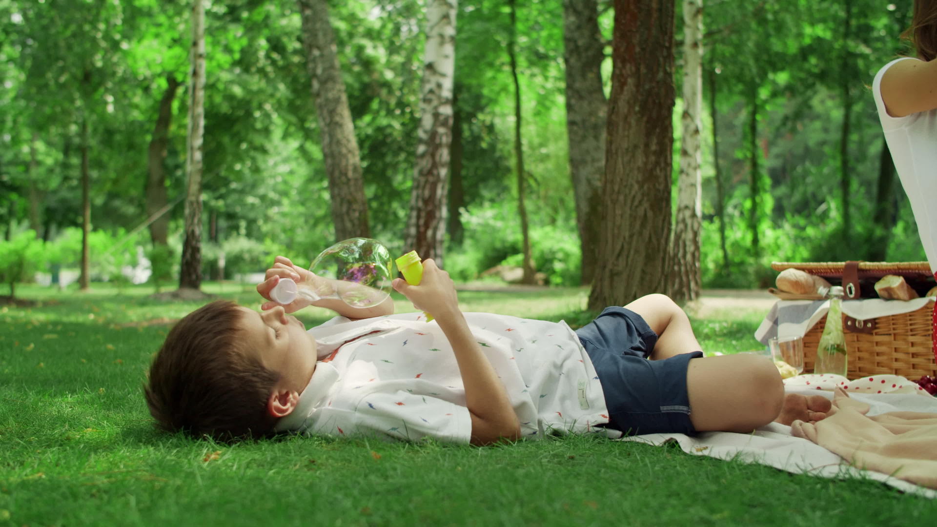可爱的男孩躺在森林的毯子上视频的预览图