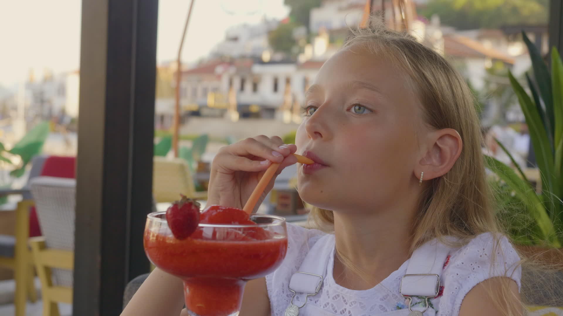 一个十几岁的女孩在户外的夏季咖啡馆喝草莓鸡尾酒视频的预览图