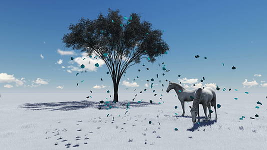 3D动画马在晨光下在牧场放牧视频的预览图