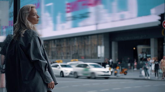 女模特在汽车路附近的城市背景下穿着休闲装摆出城市姿态视频的预览图