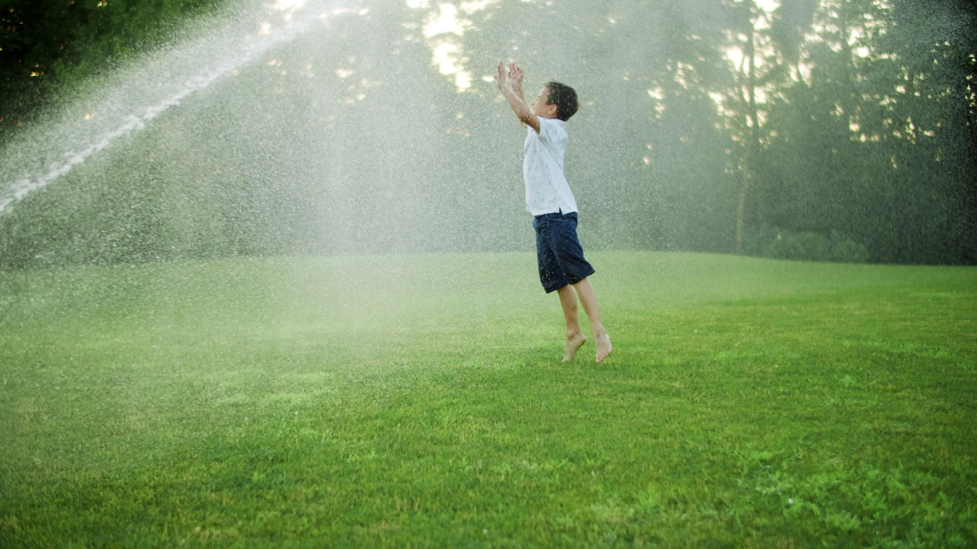快乐的男孩在田里玩水喷机视频的预览图
