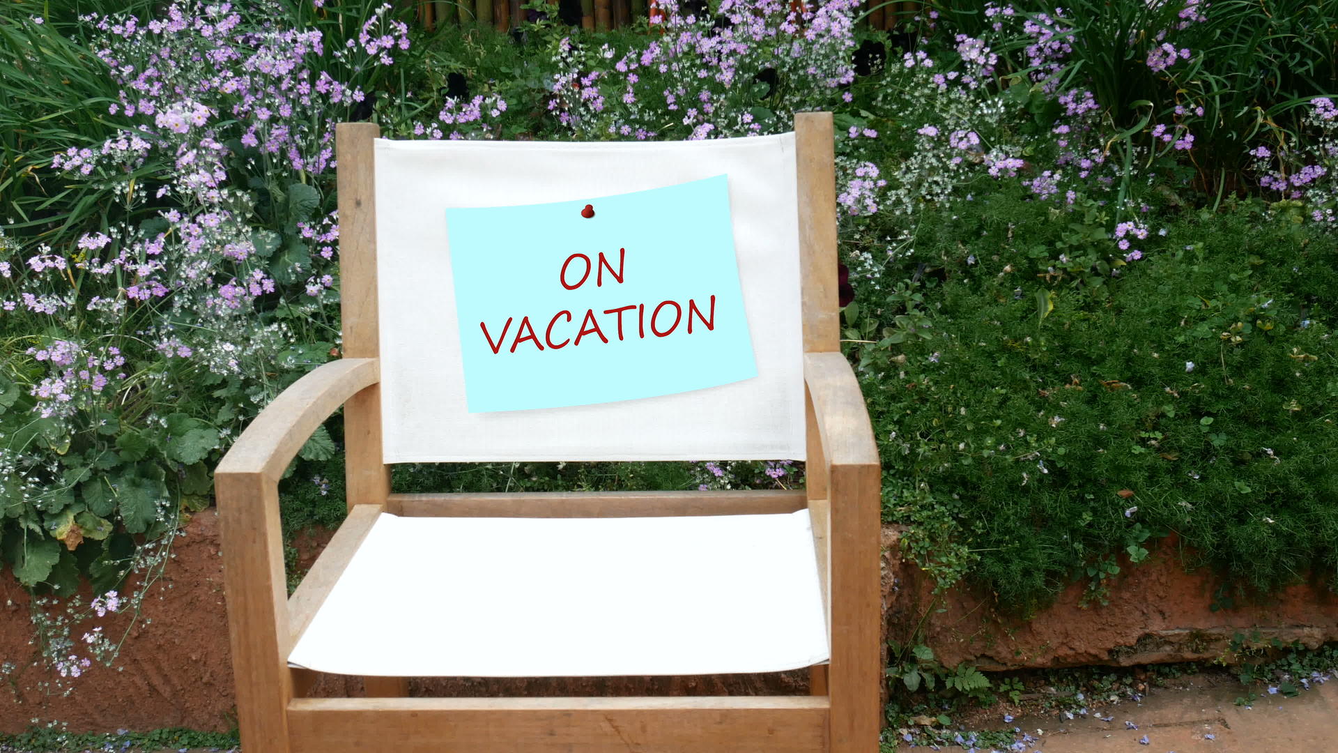 在花园背景的空帆布白色椅子上写着假期说明纸上有鸟视频的预览图